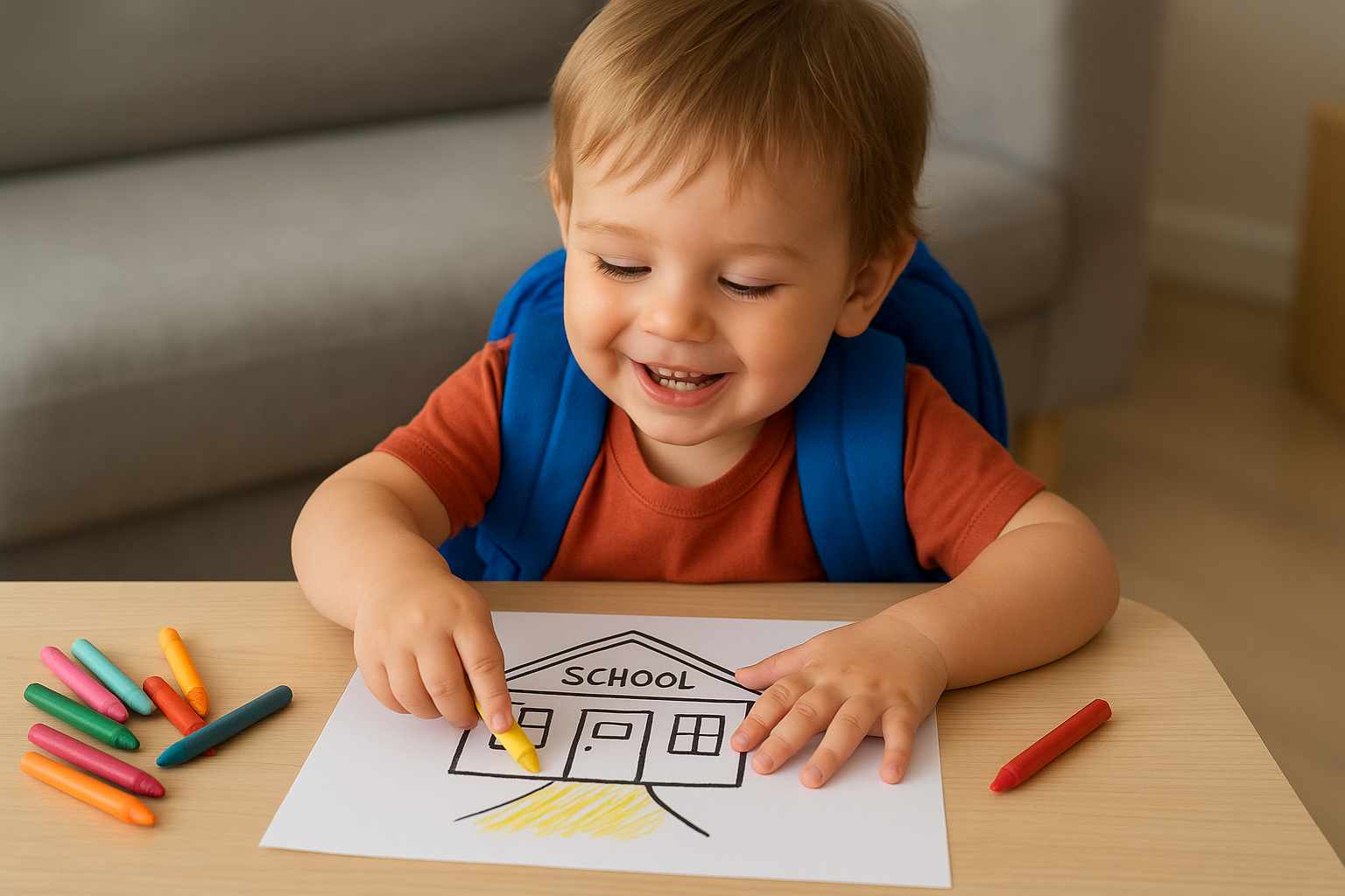 Δείχνει ένα παιδάκι προσχολικής ηλικίας να ζωγραφίζει ένα σχολείο ενώ φοράει σχολική τσάντα